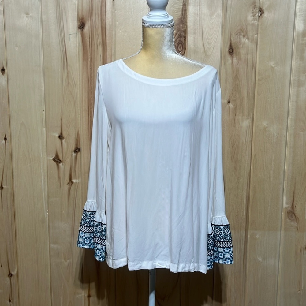Loft White Embroidered Bell Sleeve Top‎ Size L - Picture 2 of 7
